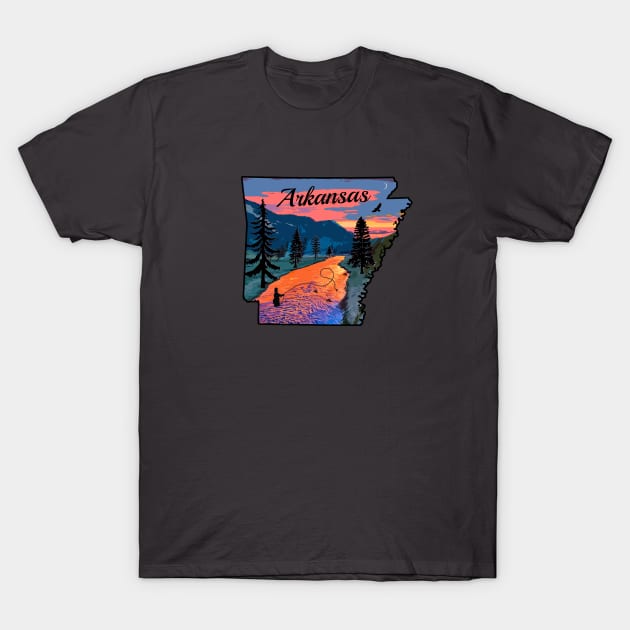 Fly Fishing Arkansas State Map Mountain Sunset River Retro T-Shirt by TeeCreations